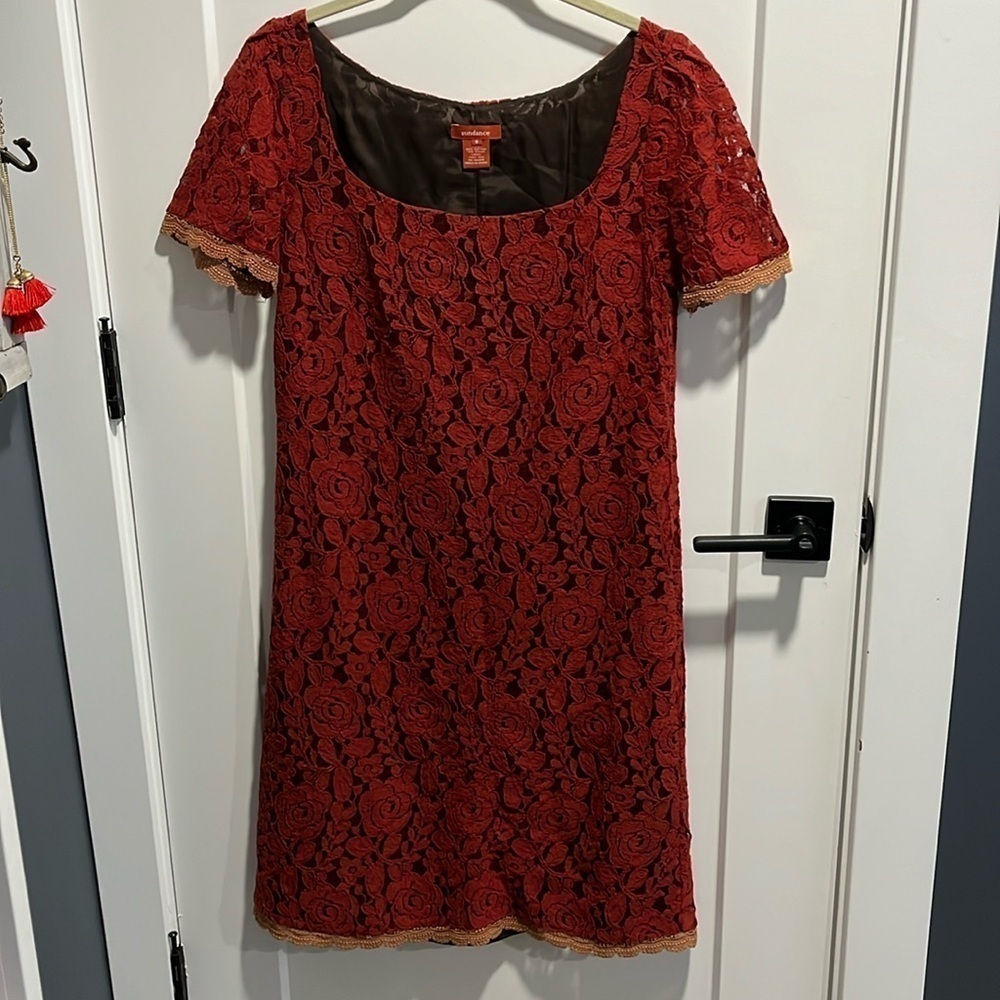 Sundance Lace Silk Square Neck Dress Rust EUC